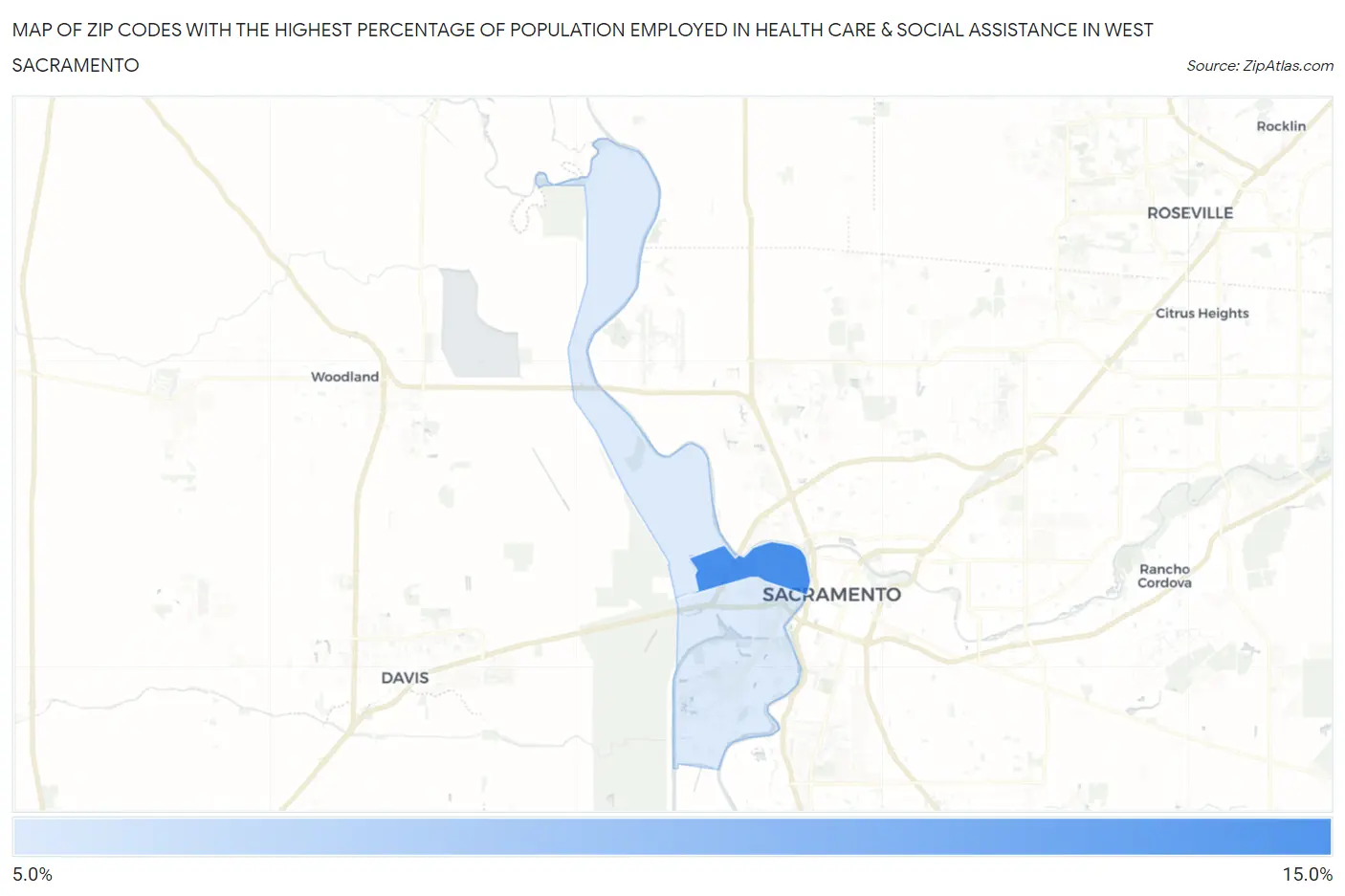 Zip Codes with the Highest Percentage of Population Employed in Health Care & Social Assistance in West Sacramento Map