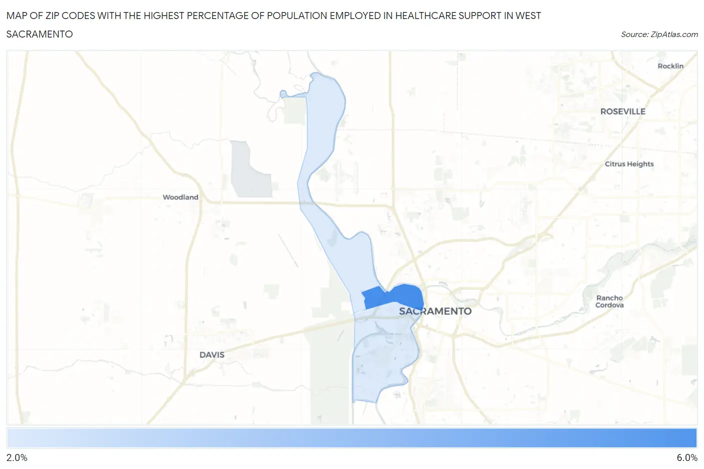 Zip Codes with the Highest Percentage of Population Employed in Healthcare Support in West Sacramento Map