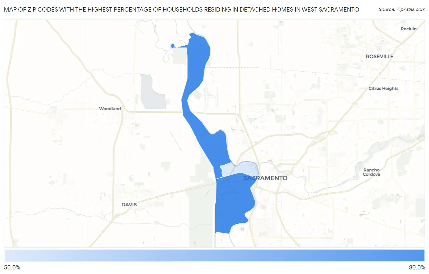 Zip Codes with the Highest Percentage of Households Residing in Detached Homes in West Sacramento Map