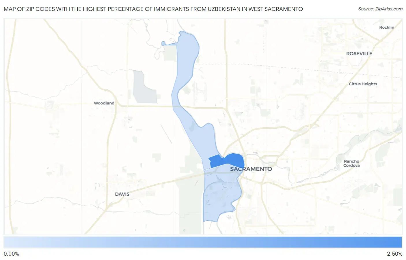 Zip Codes with the Highest Percentage of Immigrants from Uzbekistan in West Sacramento Map