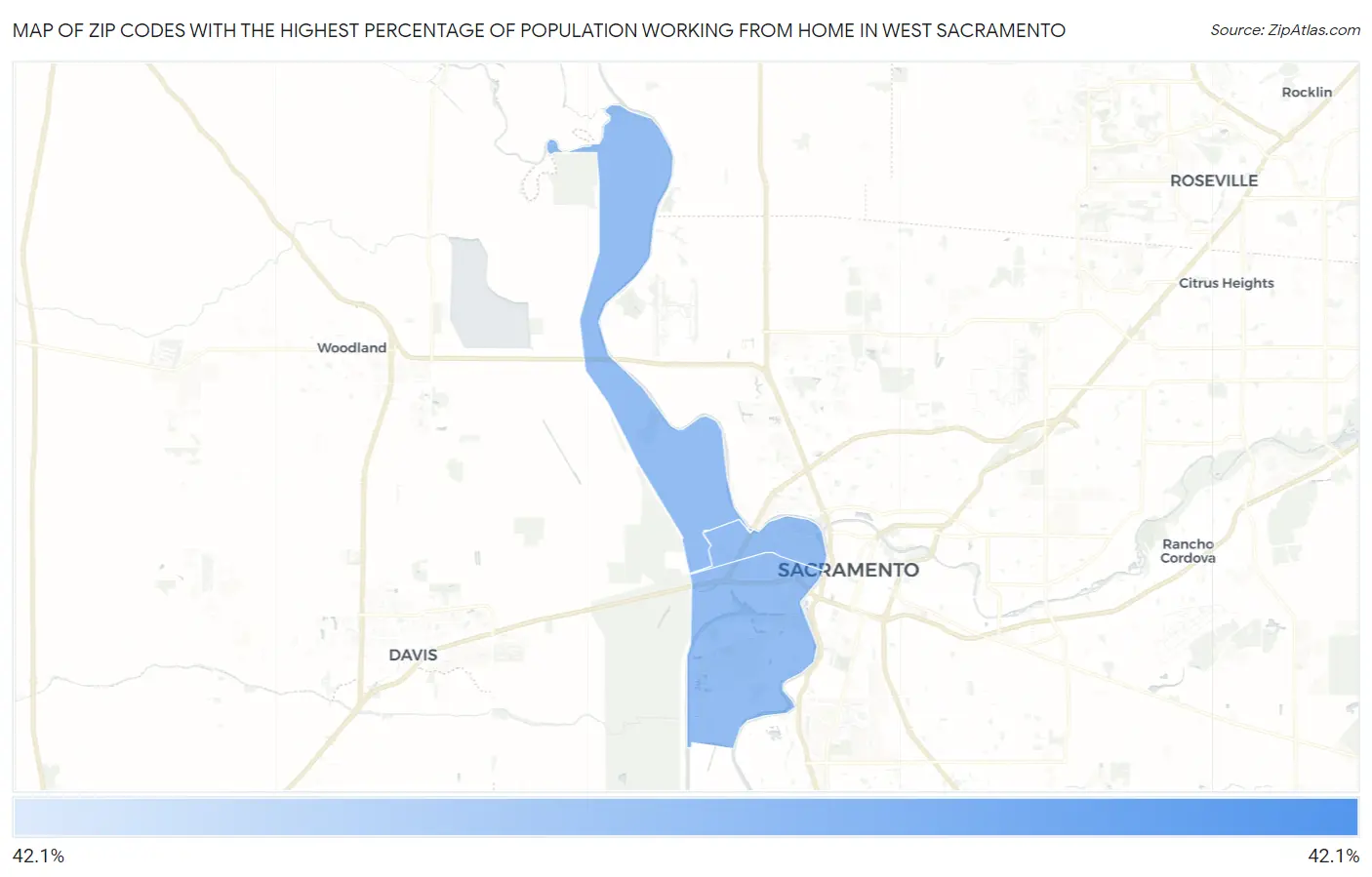 Zip Codes with the Highest Percentage of Population Working from Home in West Sacramento Map