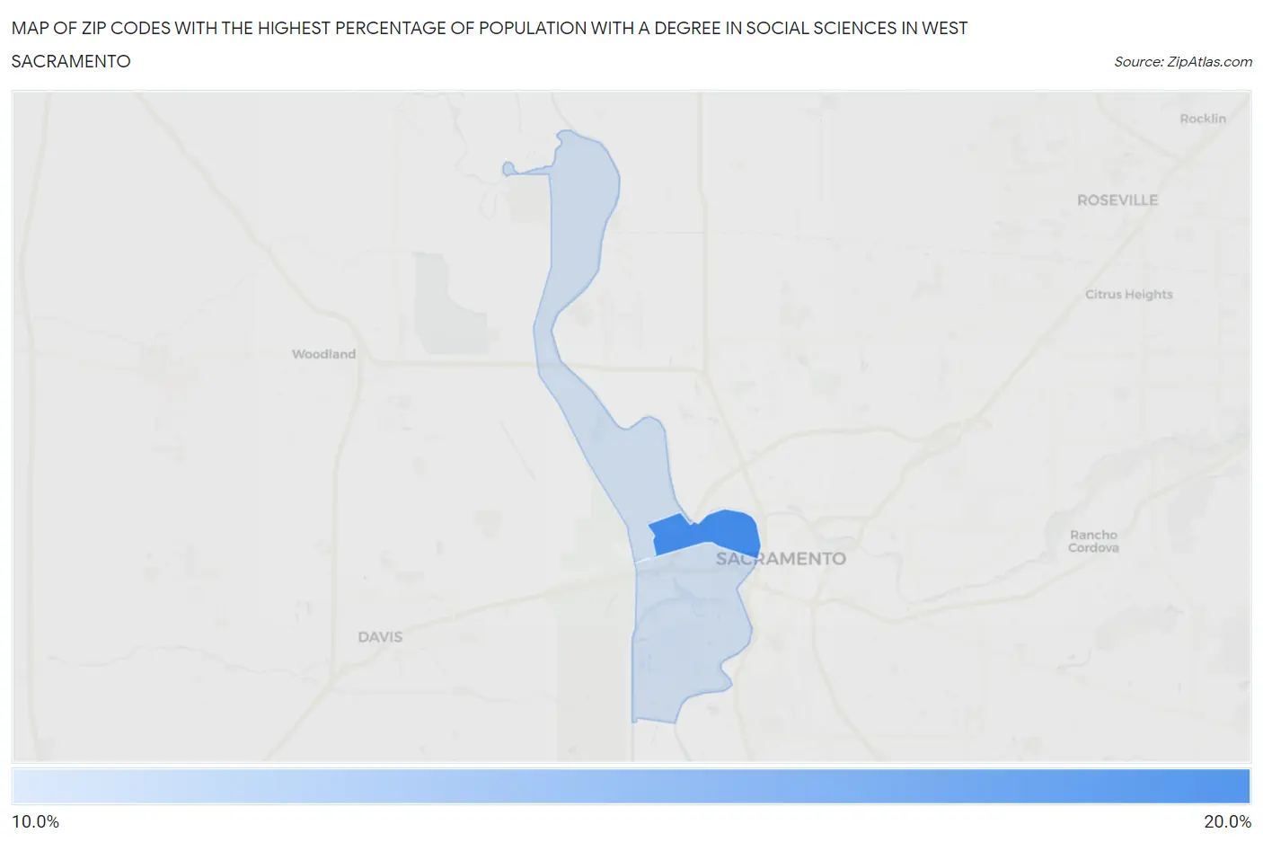 Zip Codes with the Highest Percentage of Population with a Degree in Social Sciences in West Sacramento Map