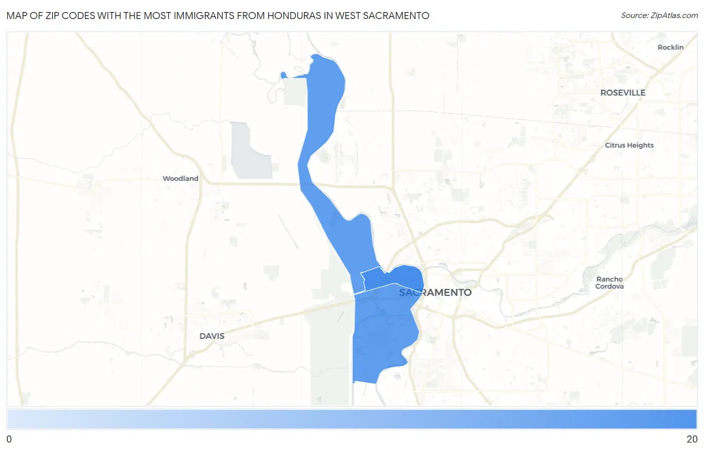 Zip Codes with the Most Immigrants from Honduras in West Sacramento Map