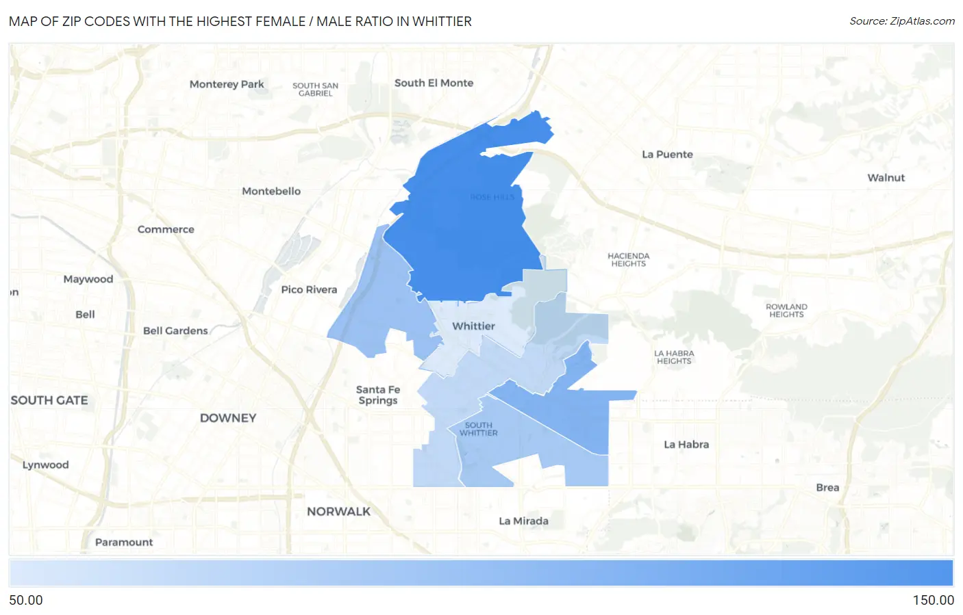 Zip Codes with the Highest Female / Male Ratio in Whittier Map