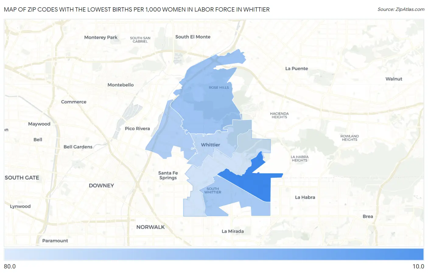 Zip Codes with the Lowest Births per 1,000 Women in Labor Force in Whittier Map