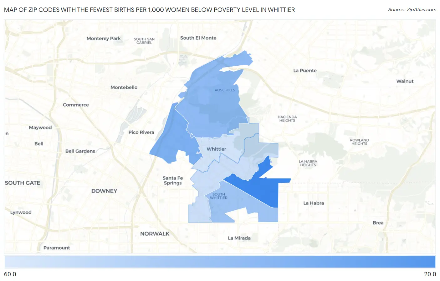 Zip Codes with the Fewest Births per 1,000 Women Below Poverty Level in Whittier Map