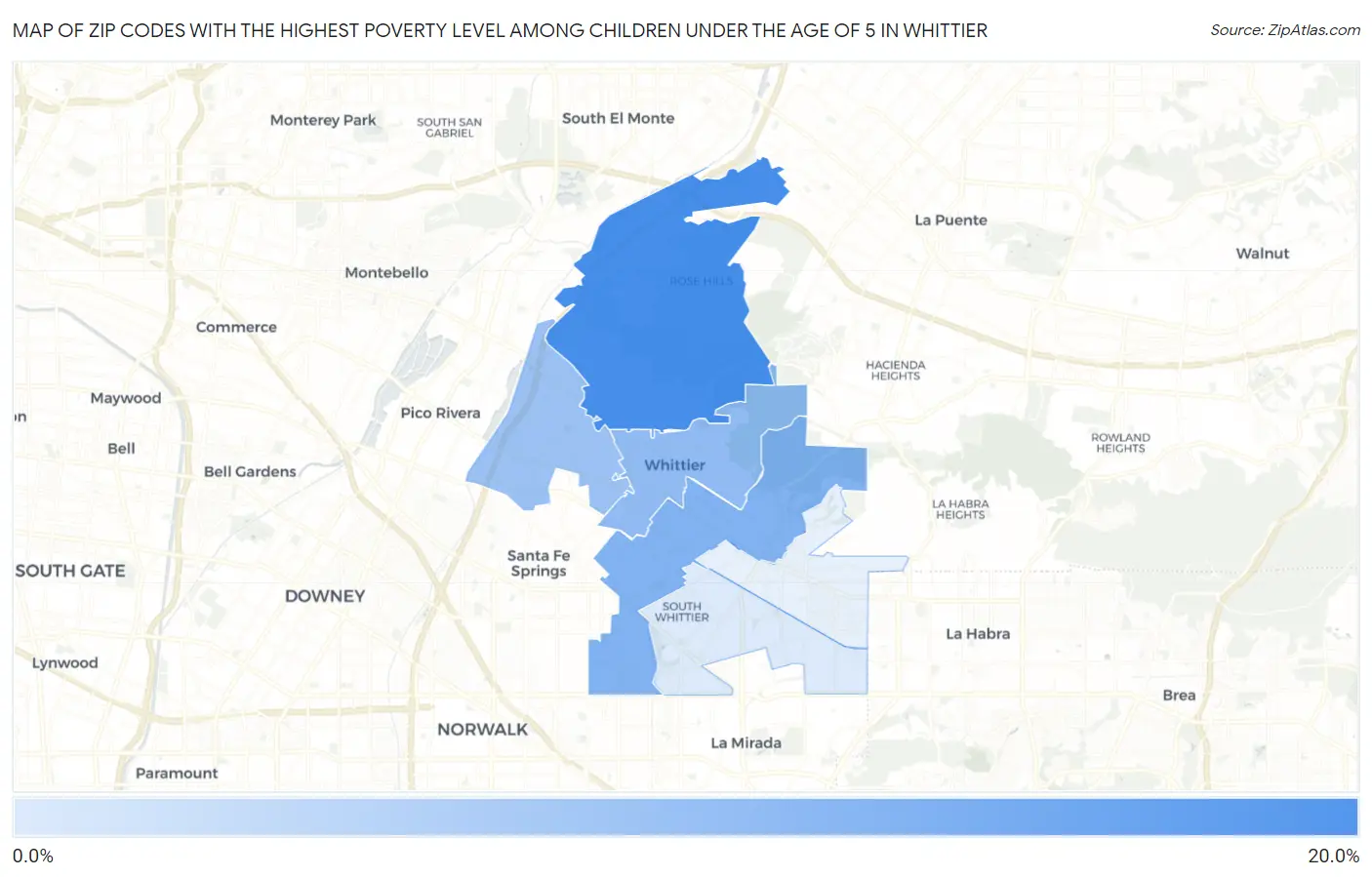 Zip Codes with the Highest Poverty Level Among Children Under the Age of 5 in Whittier Map