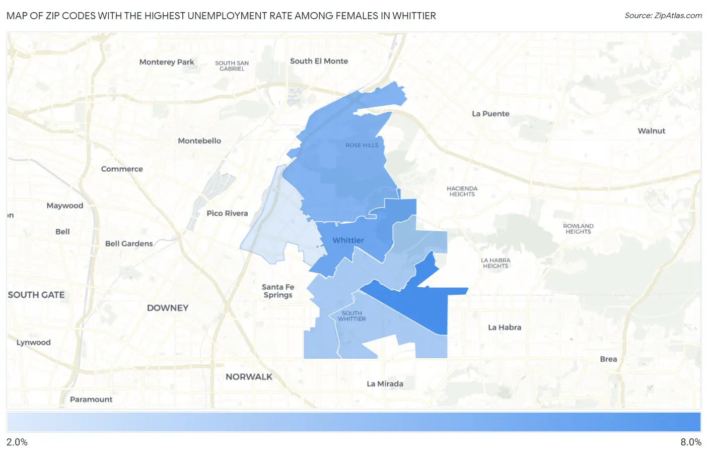 Zip Codes with the Highest Unemployment Rate Among Females in Whittier Map
