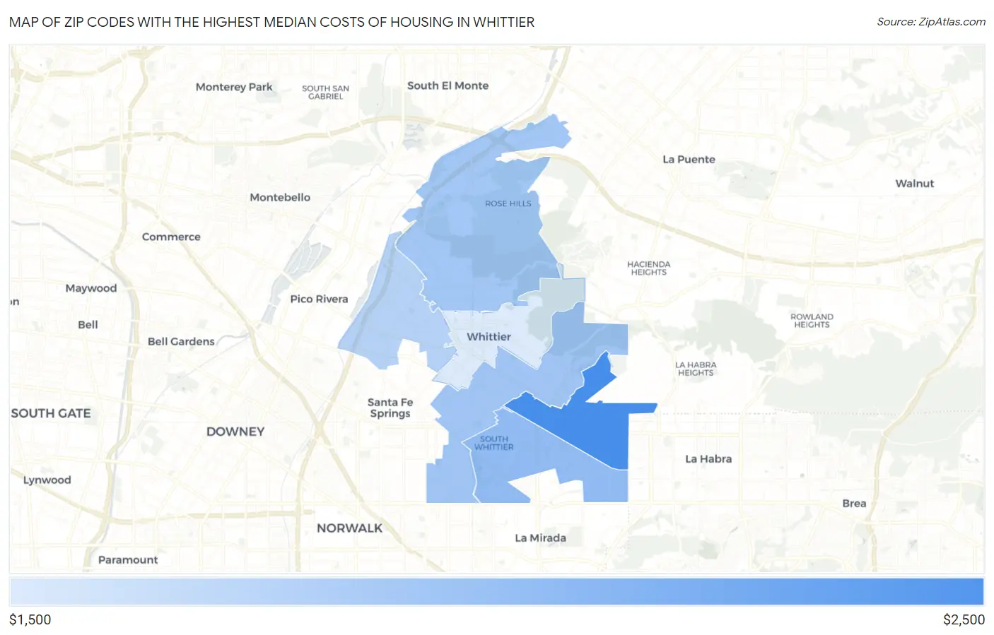 Zip Codes with the Highest Median Costs of Housing in Whittier Map