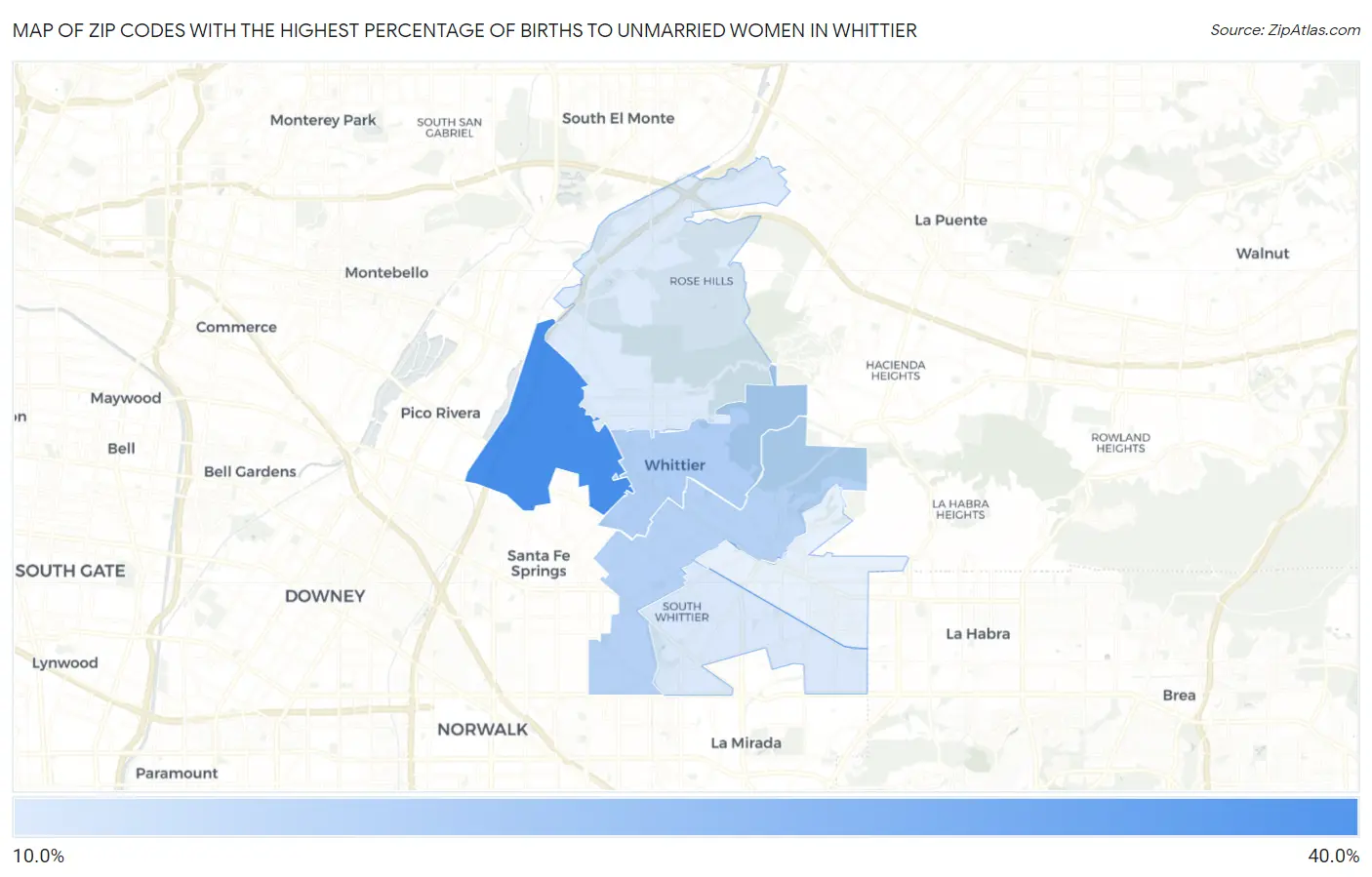 Zip Codes with the Highest Percentage of Births to Unmarried Women in Whittier Map