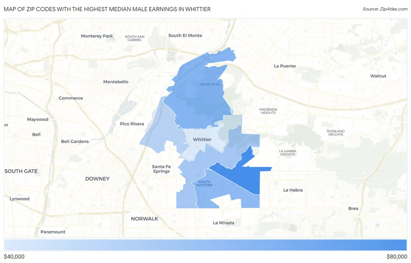 Zip Codes with the Highest Median Male Earnings in Whittier Map