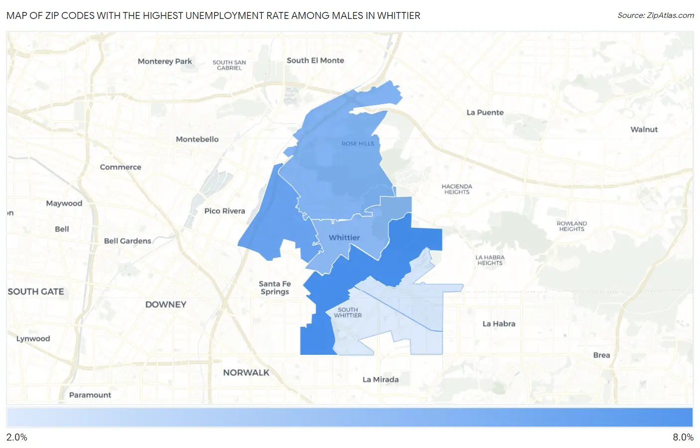 Zip Codes with the Highest Unemployment Rate Among Males in Whittier Map