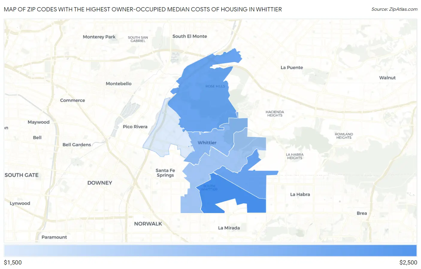 Zip Codes with the Highest Owner-Occupied Median Costs of Housing in Whittier Map