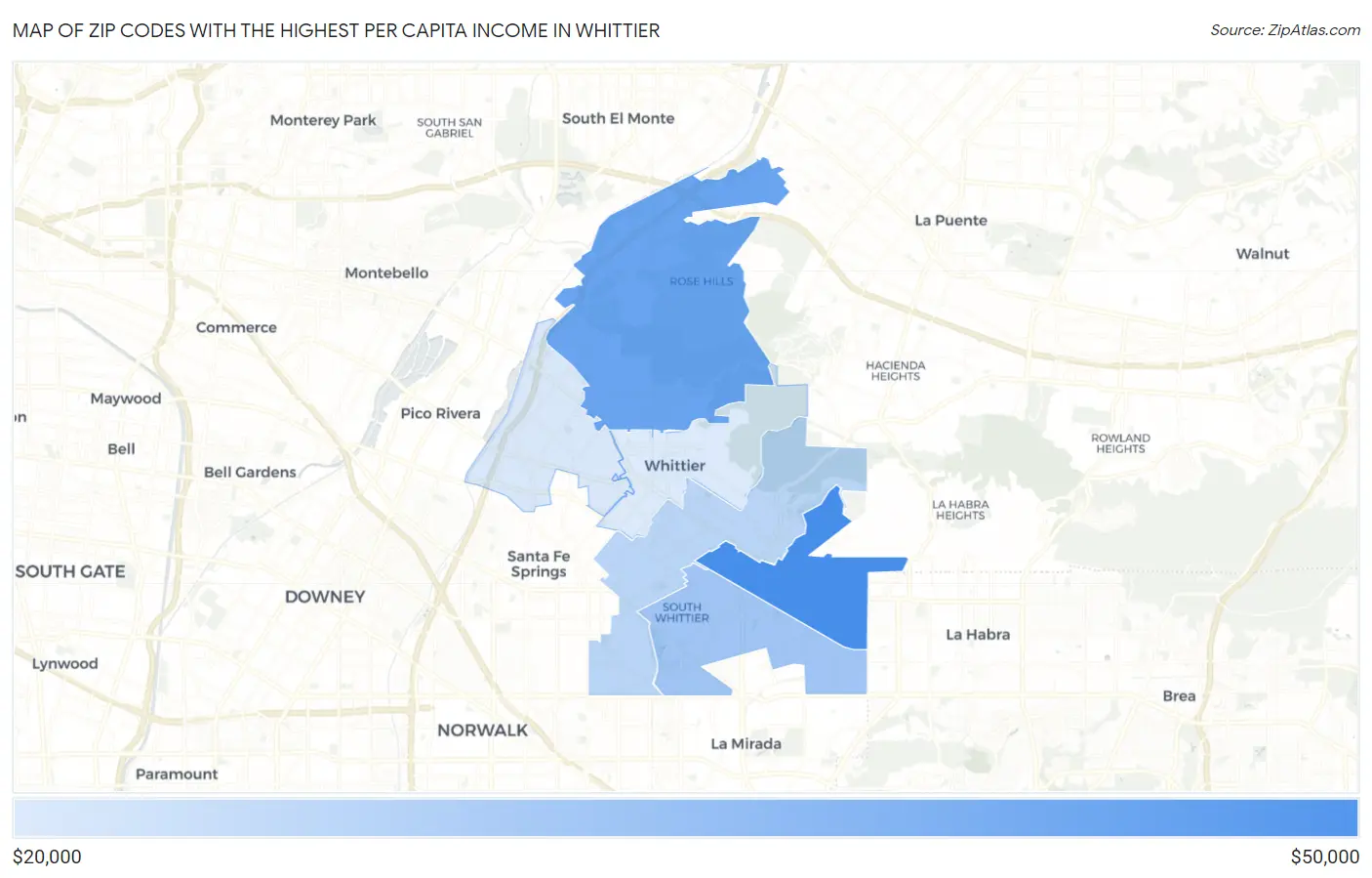Zip Codes with the Highest Per Capita Income in Whittier Map
