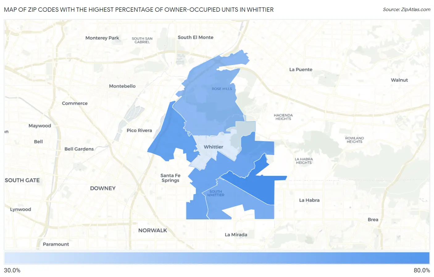 Zip Codes with the Highest Percentage of Owner-Occupied Units in Whittier Map
