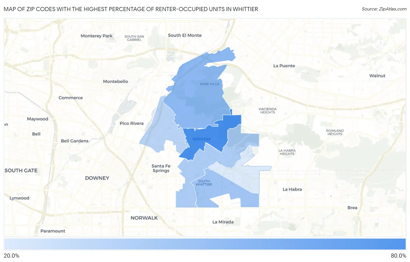 Zip Codes with the Highest Percentage of Renter-Occupied Units in Whittier Map