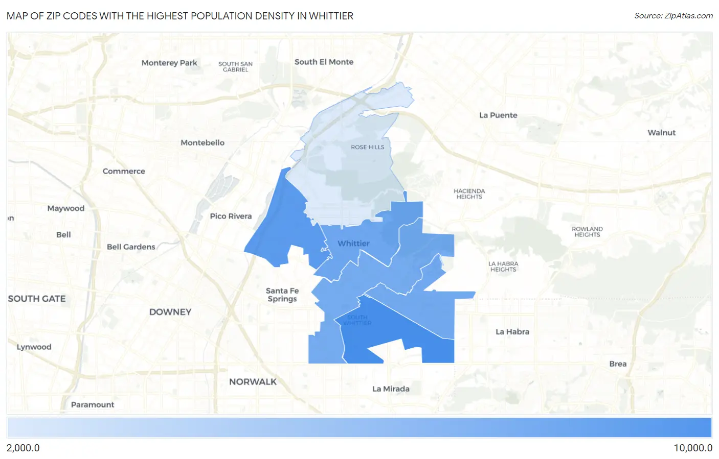 Zip Codes with the Highest Population Density in Whittier Map