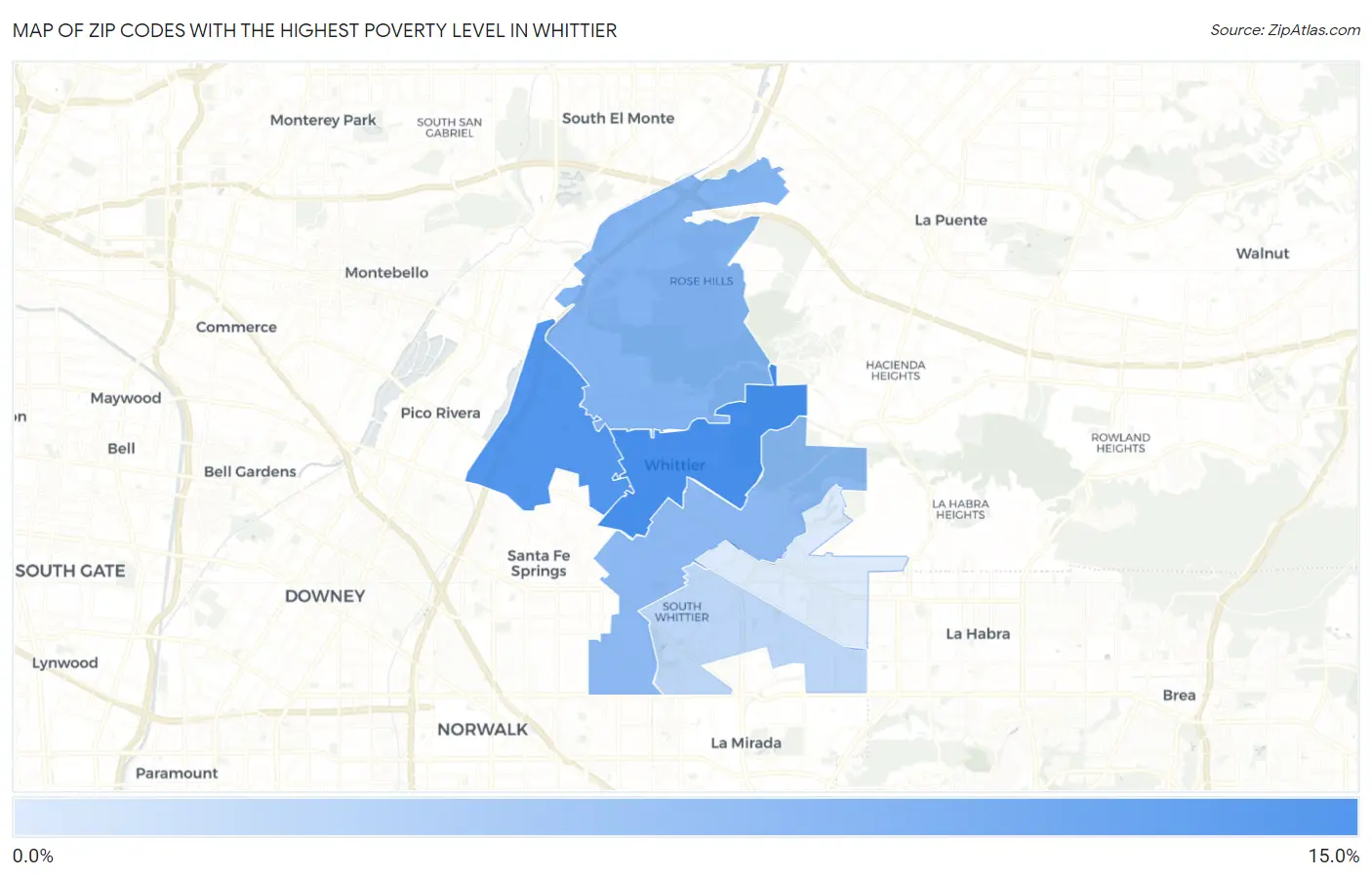 Zip Codes with the Highest Poverty Level in Whittier Map