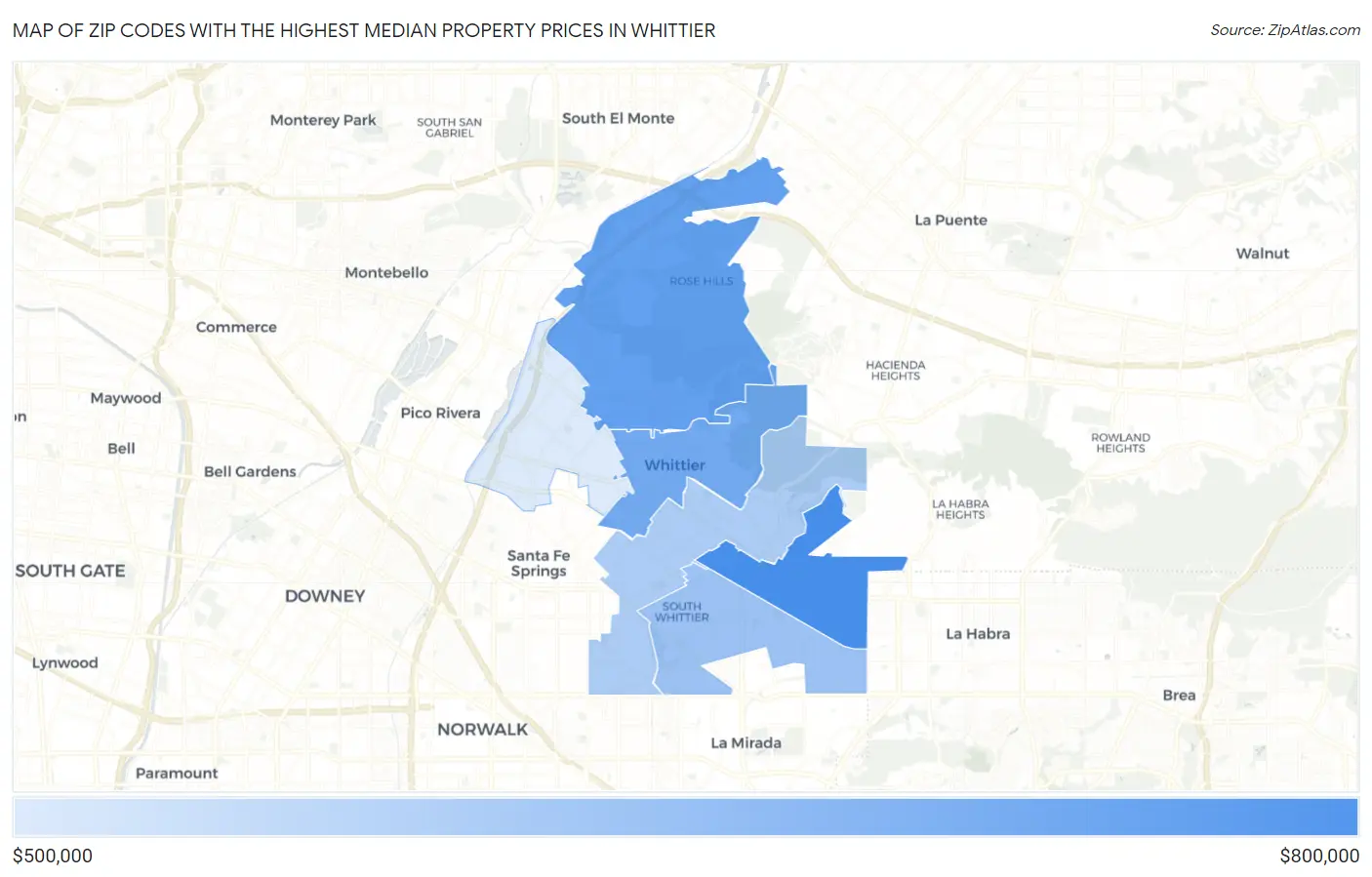 Zip Codes with the Highest Median Property Prices in Whittier Map