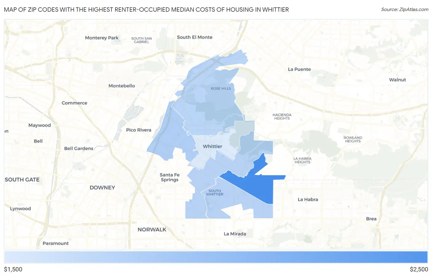 Zip Codes with the Highest Renter-Occupied Median Costs of Housing in Whittier Map