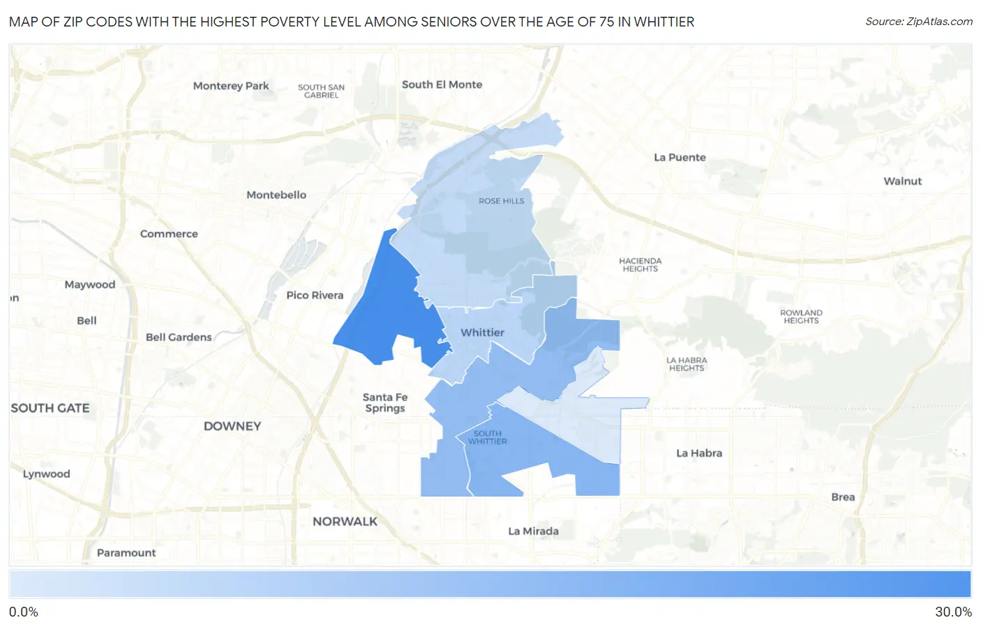 Zip Codes with the Highest Poverty Level Among Seniors Over the Age of 75 in Whittier Map