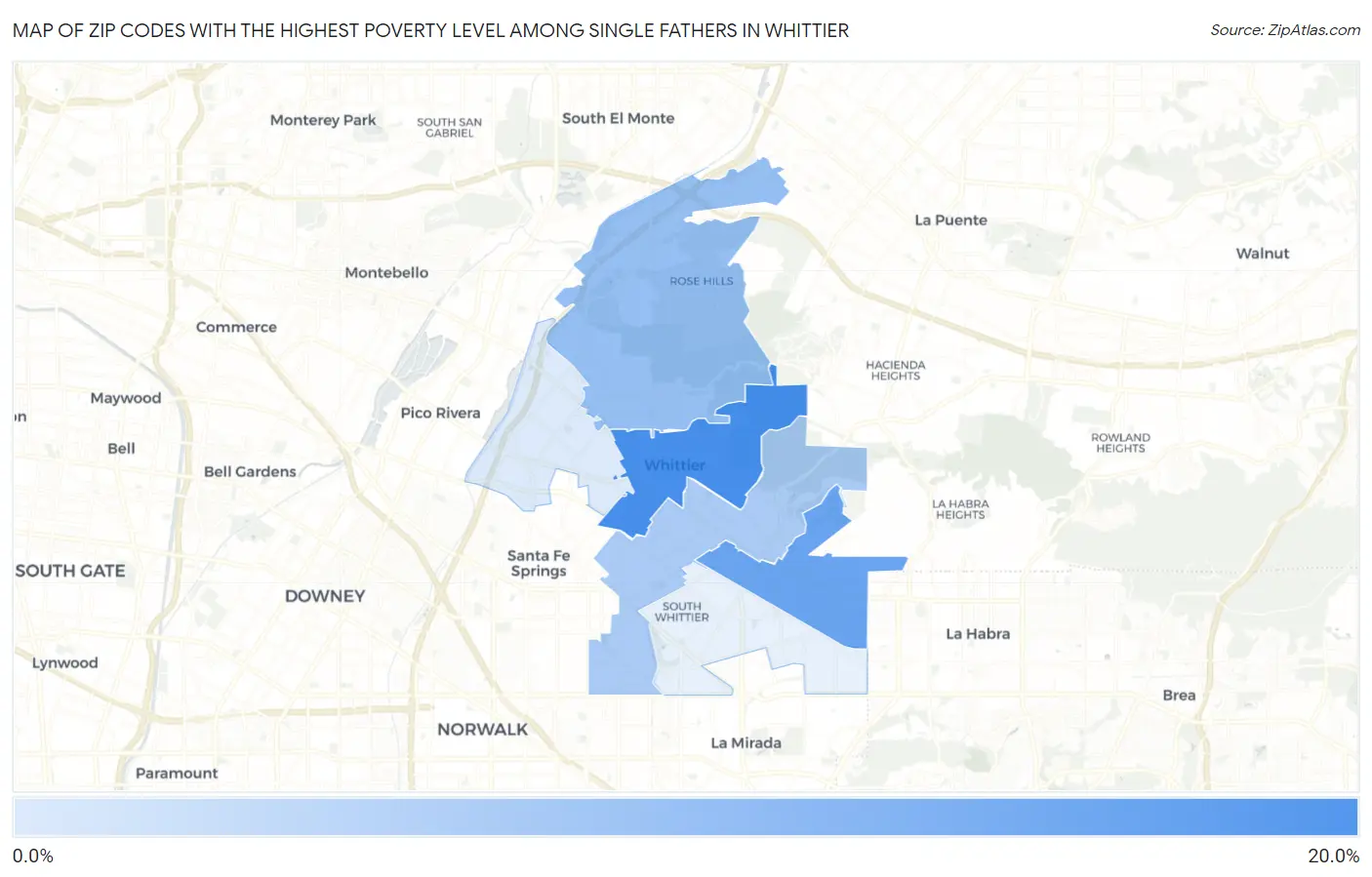 Zip Codes with the Highest Poverty Level Among Single Fathers in Whittier Map