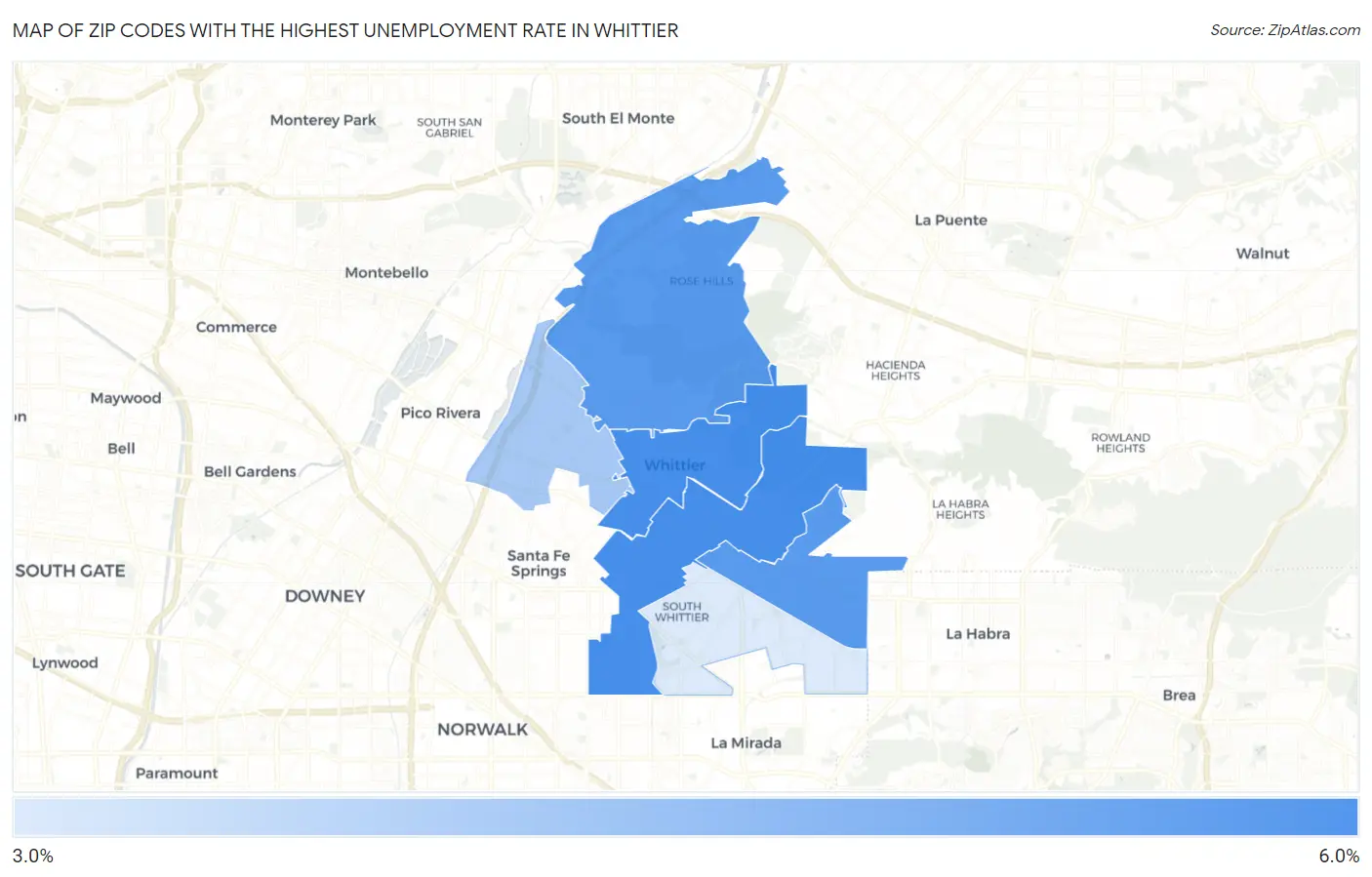 Zip Codes with the Highest Unemployment Rate in Whittier Map