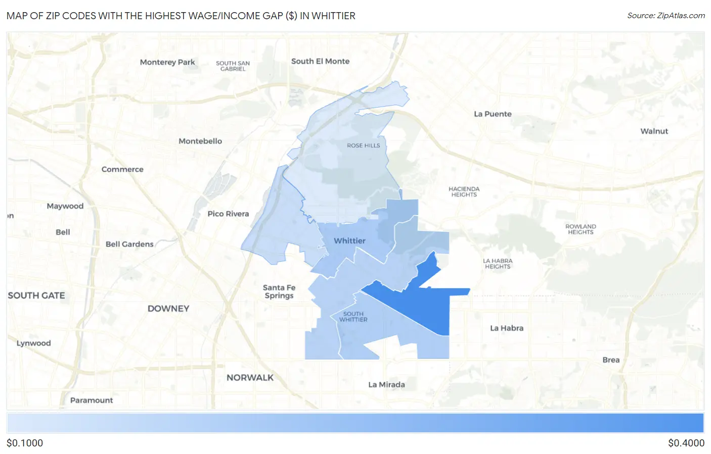 Zip Codes with the Highest Wage/Income Gap ($) in Whittier Map