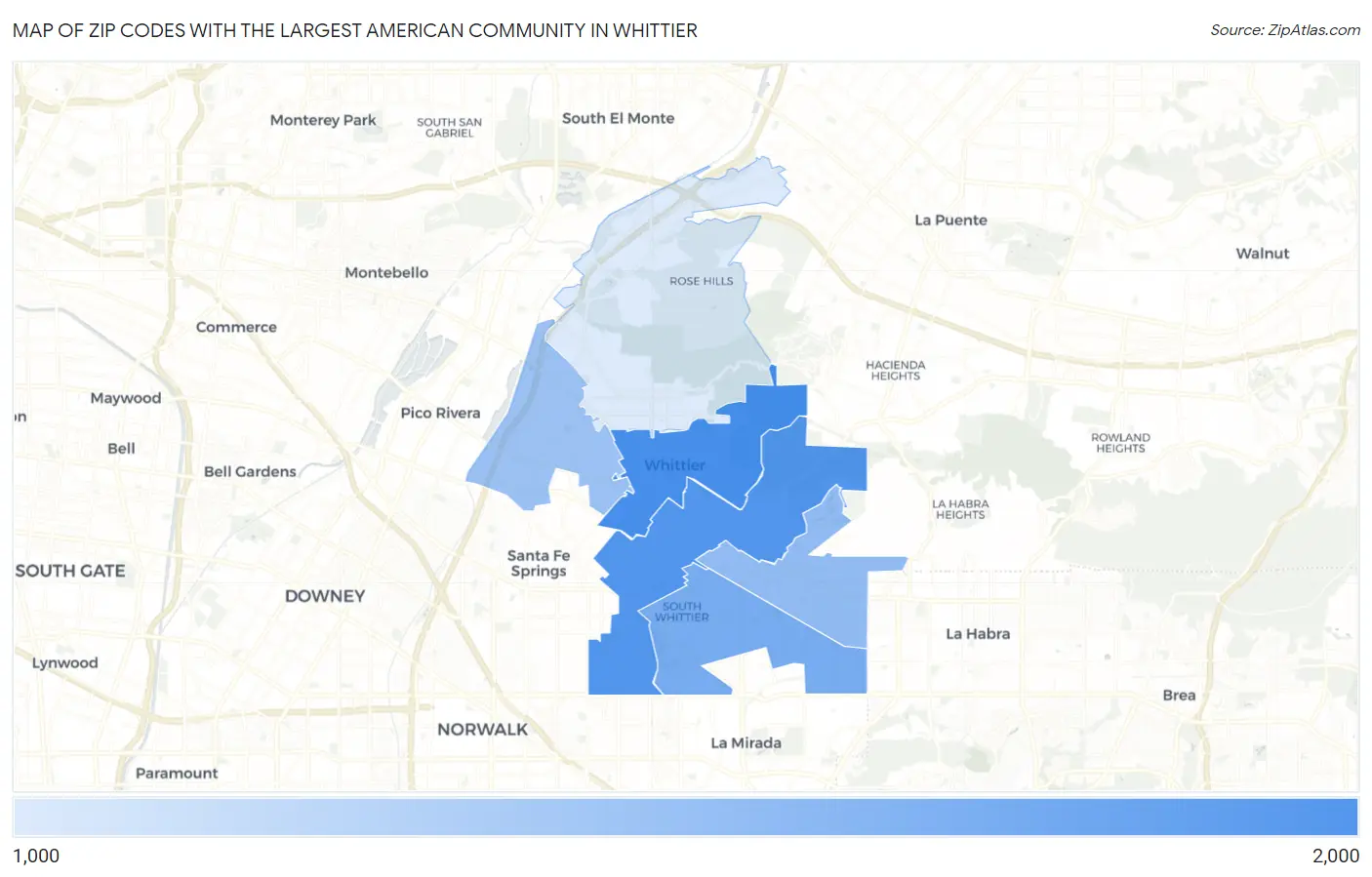 Zip Codes with the Largest American Community in Whittier Map