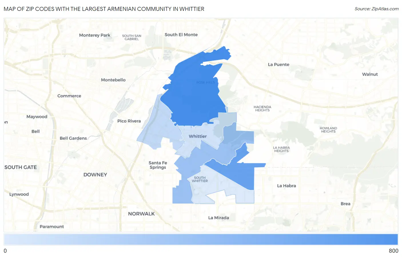 Zip Codes with the Largest Armenian Community in Whittier Map