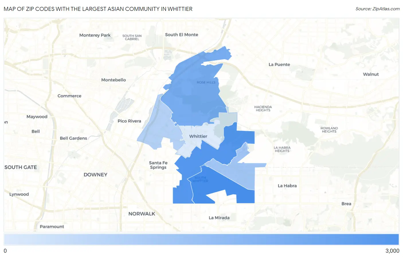 Zip Codes with the Largest Asian Community in Whittier Map
