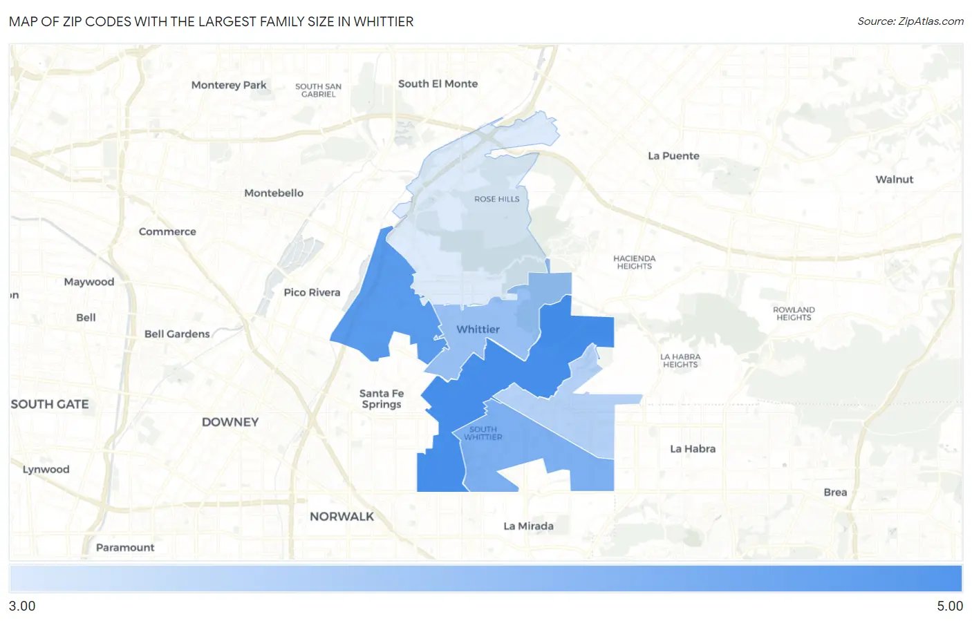 Zip Codes with the Largest Family Size in Whittier Map