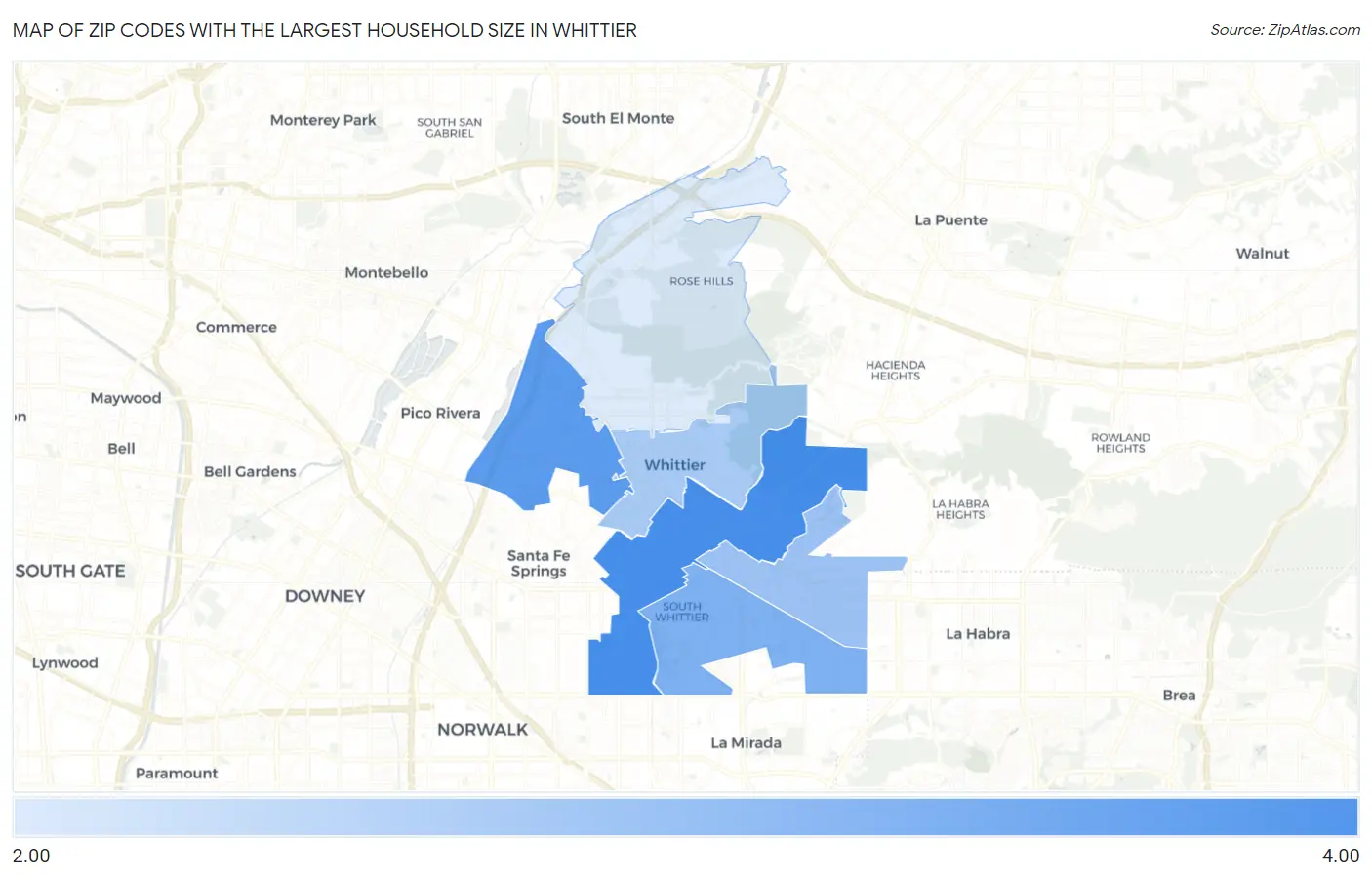 Zip Codes with the Largest Household Size in Whittier Map