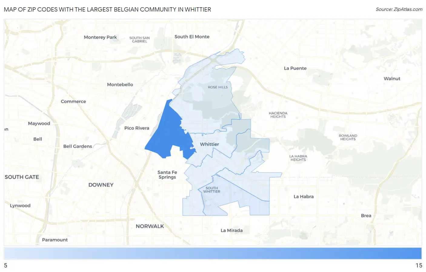 Zip Codes with the Largest Belgian Community in Whittier Map