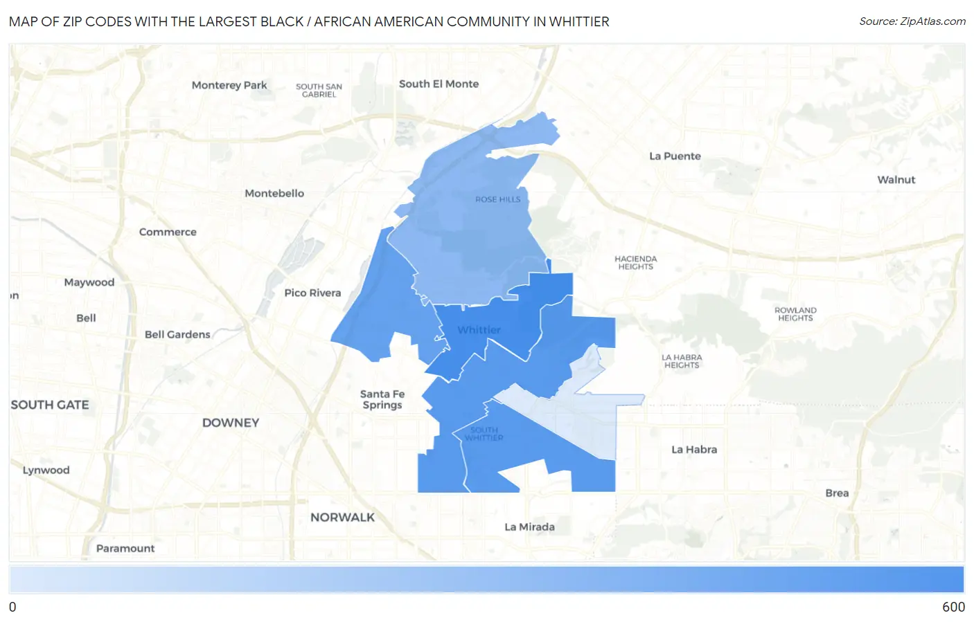 Zip Codes with the Largest Black / African American Community in Whittier Map