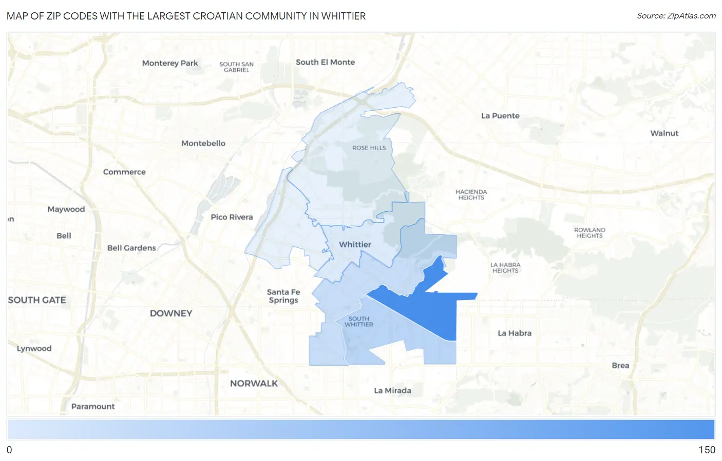 Zip Codes with the Largest Croatian Community in Whittier Map