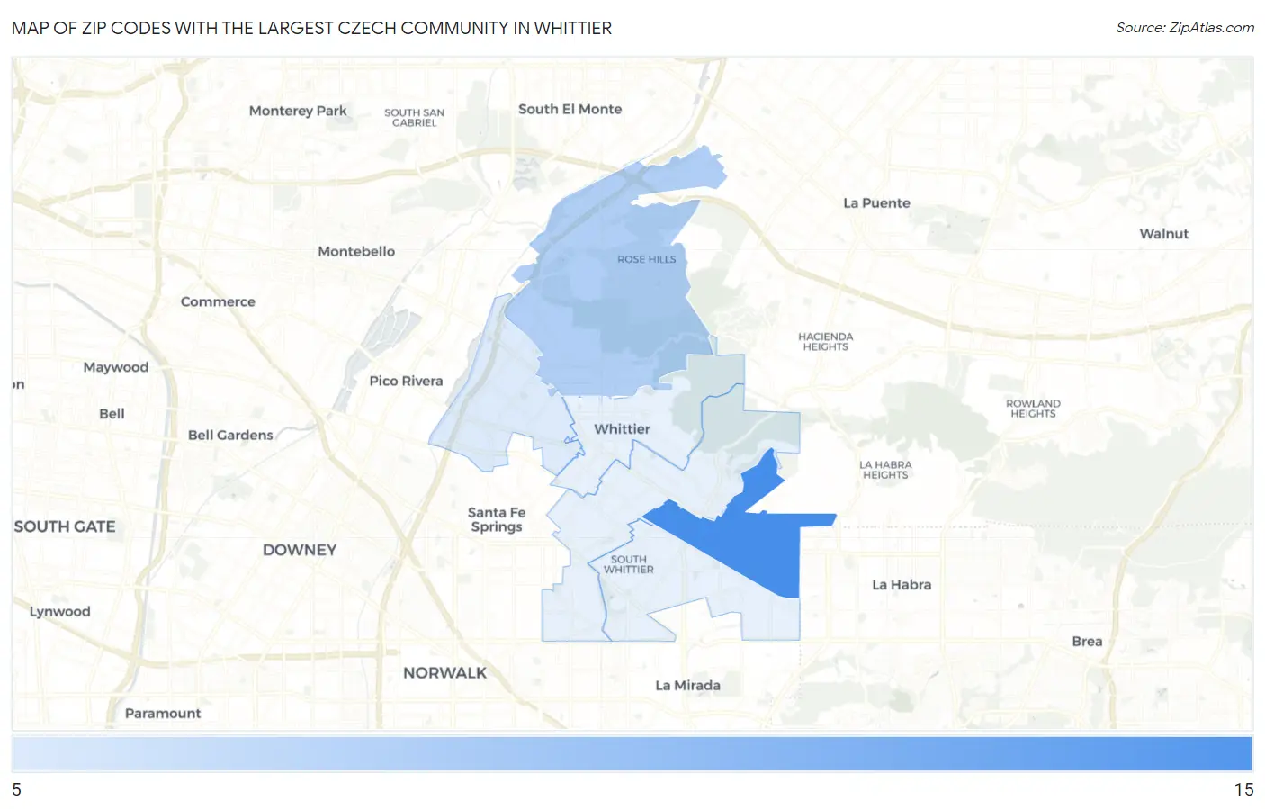 Zip Codes with the Largest Czech Community in Whittier Map