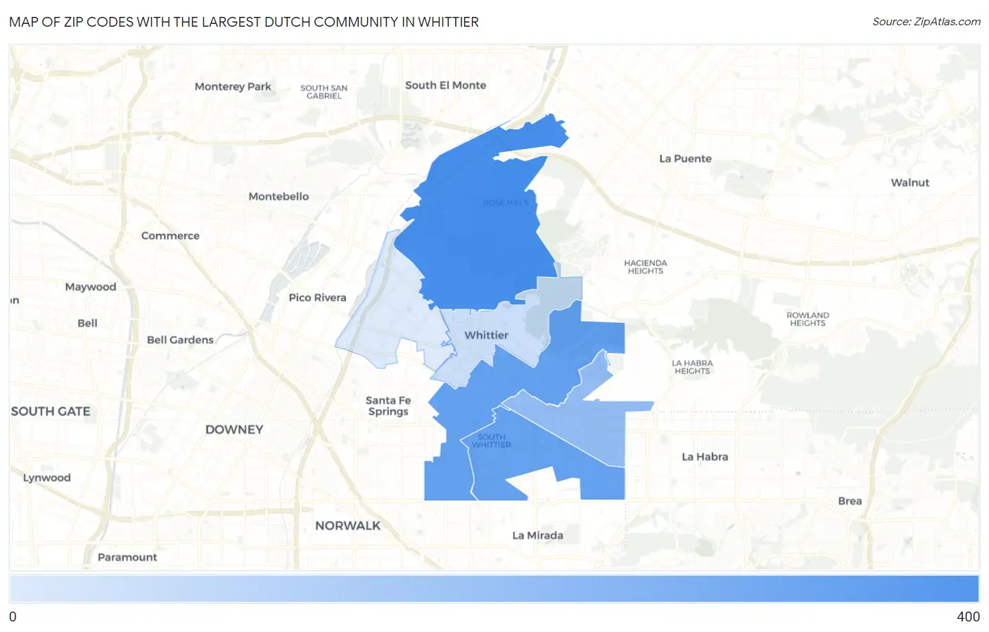 Zip Codes with the Largest Dutch Community in Whittier Map