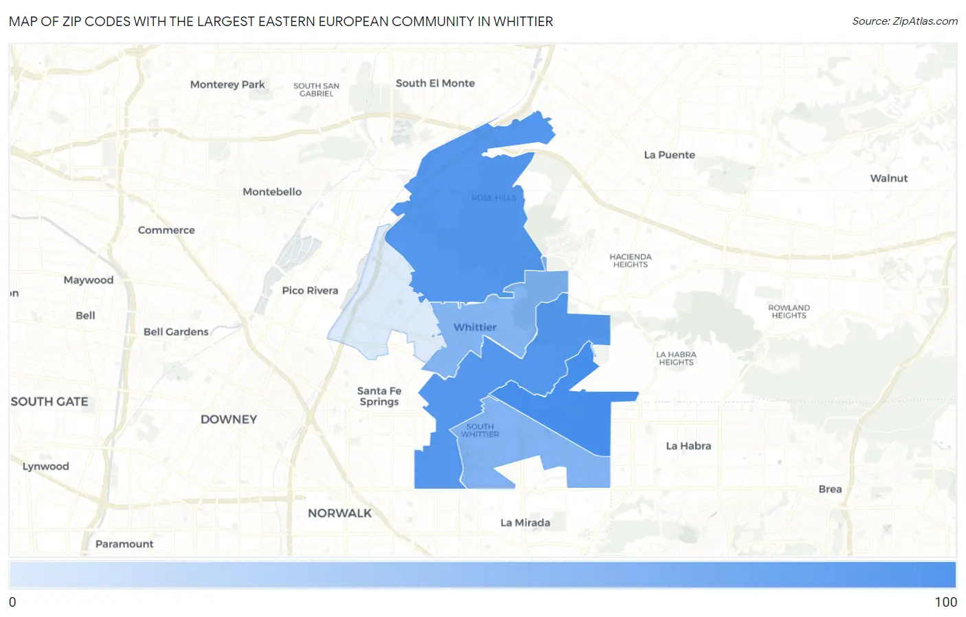 Zip Codes with the Largest Eastern European Community in Whittier Map