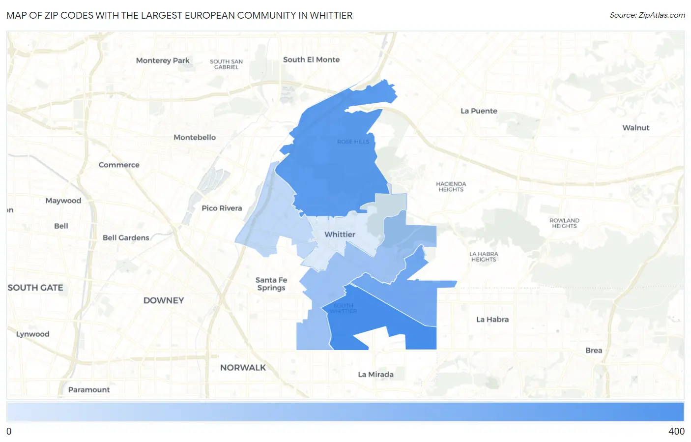 Zip Codes with the Largest European Community in Whittier Map
