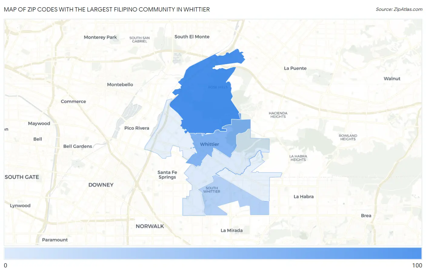 Zip Codes with the Largest Filipino Community in Whittier Map