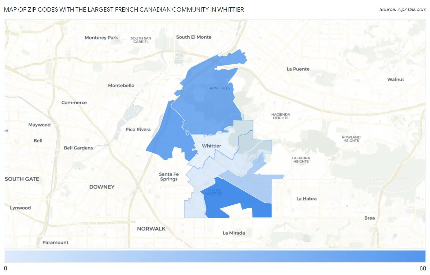 Zip Codes with the Largest French Canadian Community in Whittier Map