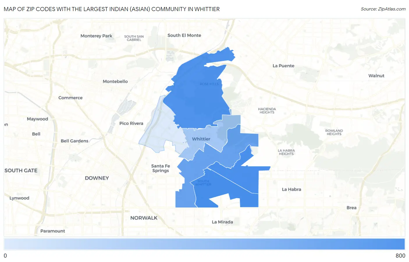 Zip Codes with the Largest Indian (Asian) Community in Whittier Map