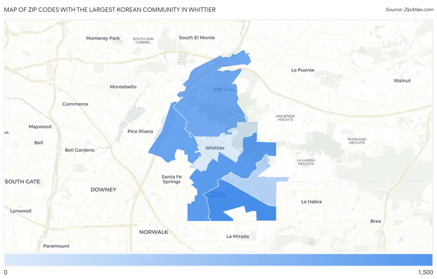 Zip Codes with the Largest Korean Community in Whittier Map