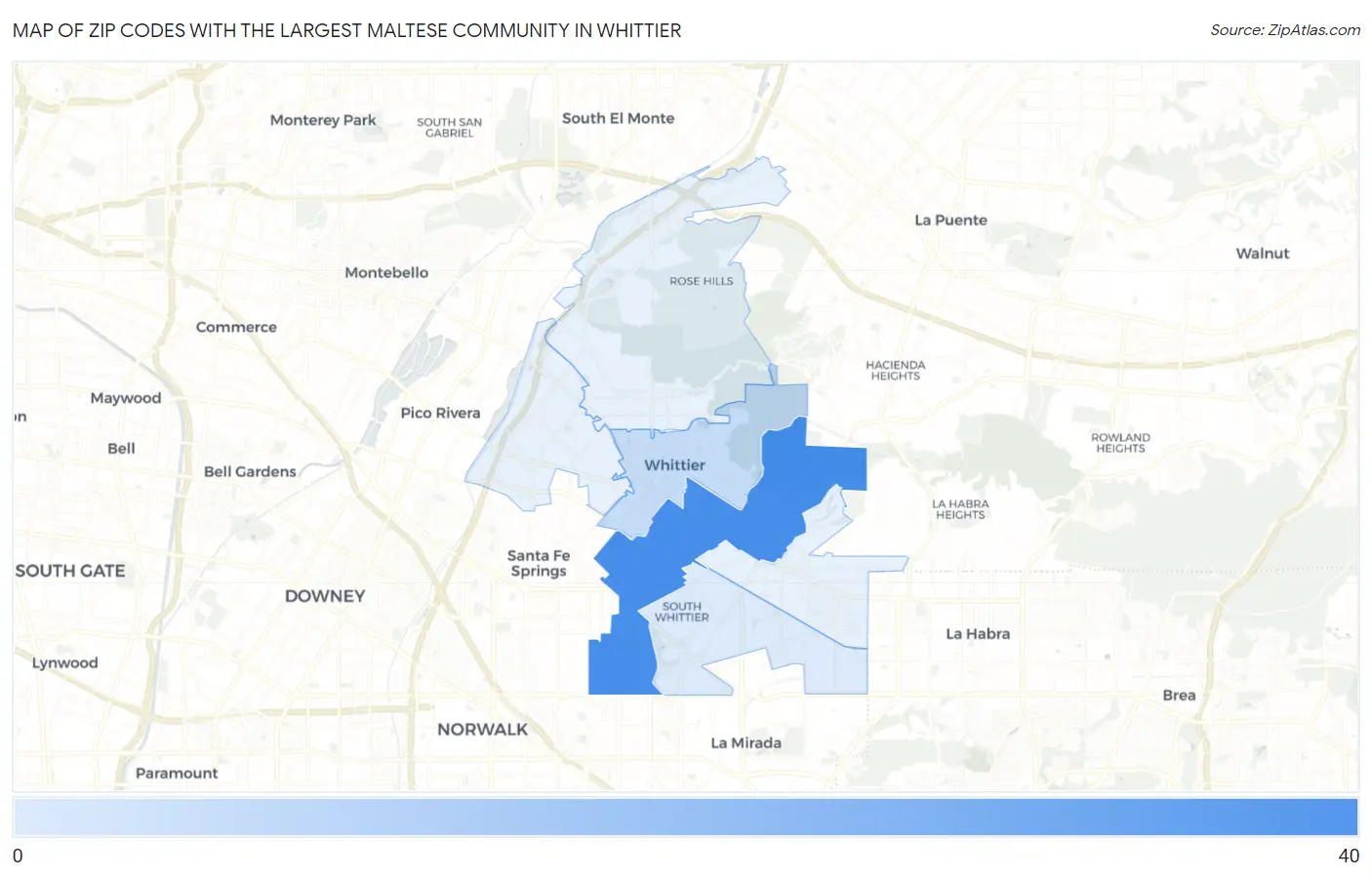 Zip Codes with the Largest Maltese Community in Whittier Map