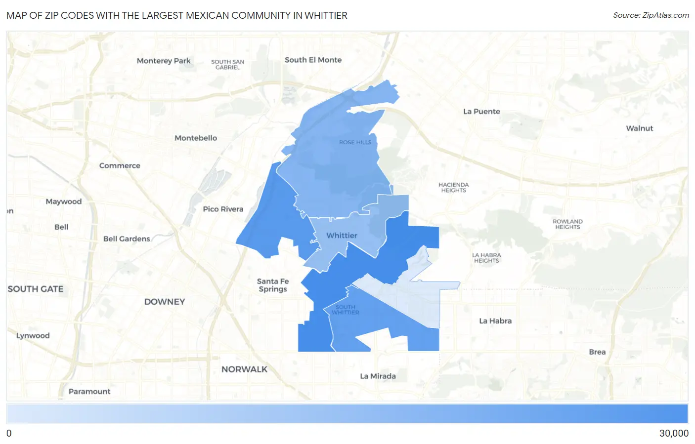 Zip Codes with the Largest Mexican Community in Whittier Map