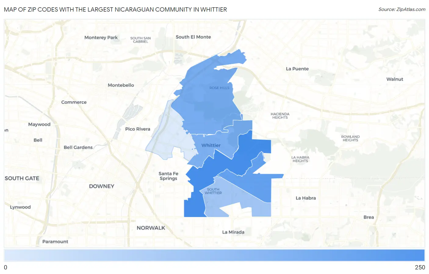 Zip Codes with the Largest Nicaraguan Community in Whittier Map