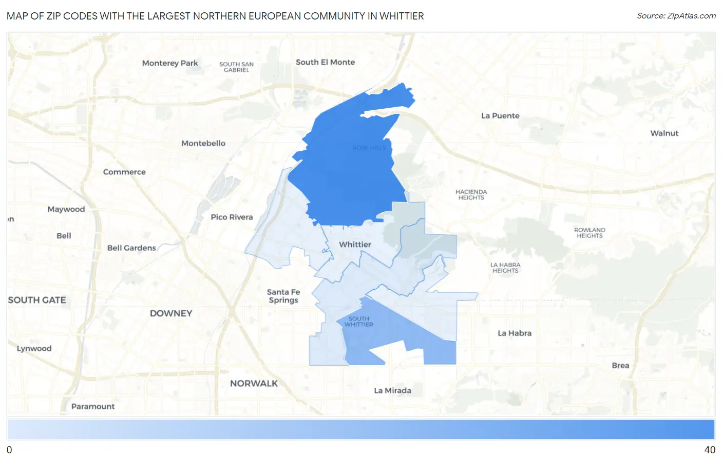 Zip Codes with the Largest Northern European Community in Whittier Map