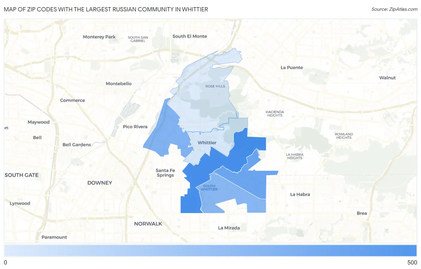 Zip Codes with the Largest Russian Community in Whittier Map