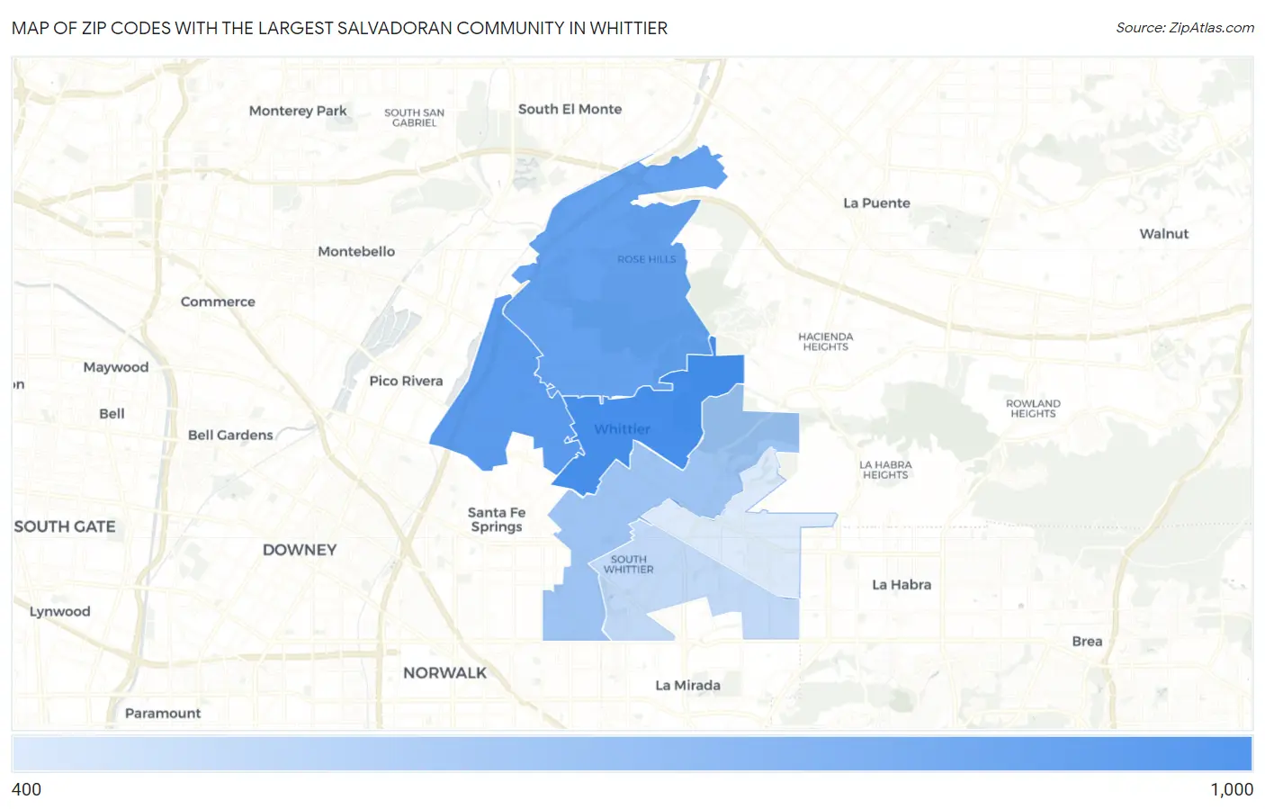 Zip Codes with the Largest Salvadoran Community in Whittier Map